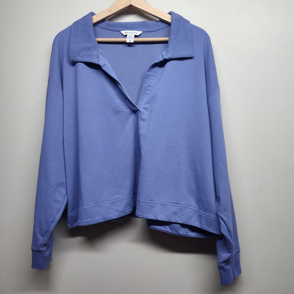 Athleta Cropped Light Sweater Women Size XL Purple Collared Athleisure Active